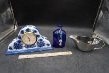 Blue Glass Bottle, White & Blue Mantle Clock & Metal Gravy Boat