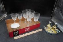 Stemmed Glasses, Footed Bowl, Tray W/ Shakers, Oil & Vinegar Bottles