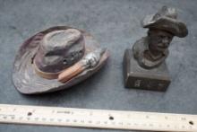2 Sculptures - Cowboy Hat W/ Pistol & Cowboy Bust
