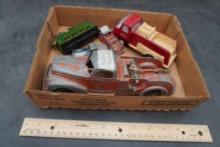 Hubley Fire Truck, 2 Tootsie Toy Trucks, Tonka Fire Truck & Train Car