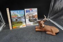 2 Home Plans Magazines & Buck Deer Figurine (Some Antlers Are Chipped)