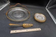 Glass Tray W/ Handle, Matching Dessert Plates & Serving Spoon