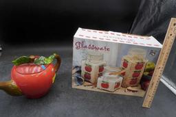 Apple Teapot & 3 Pc. Glass Apple Canister Set