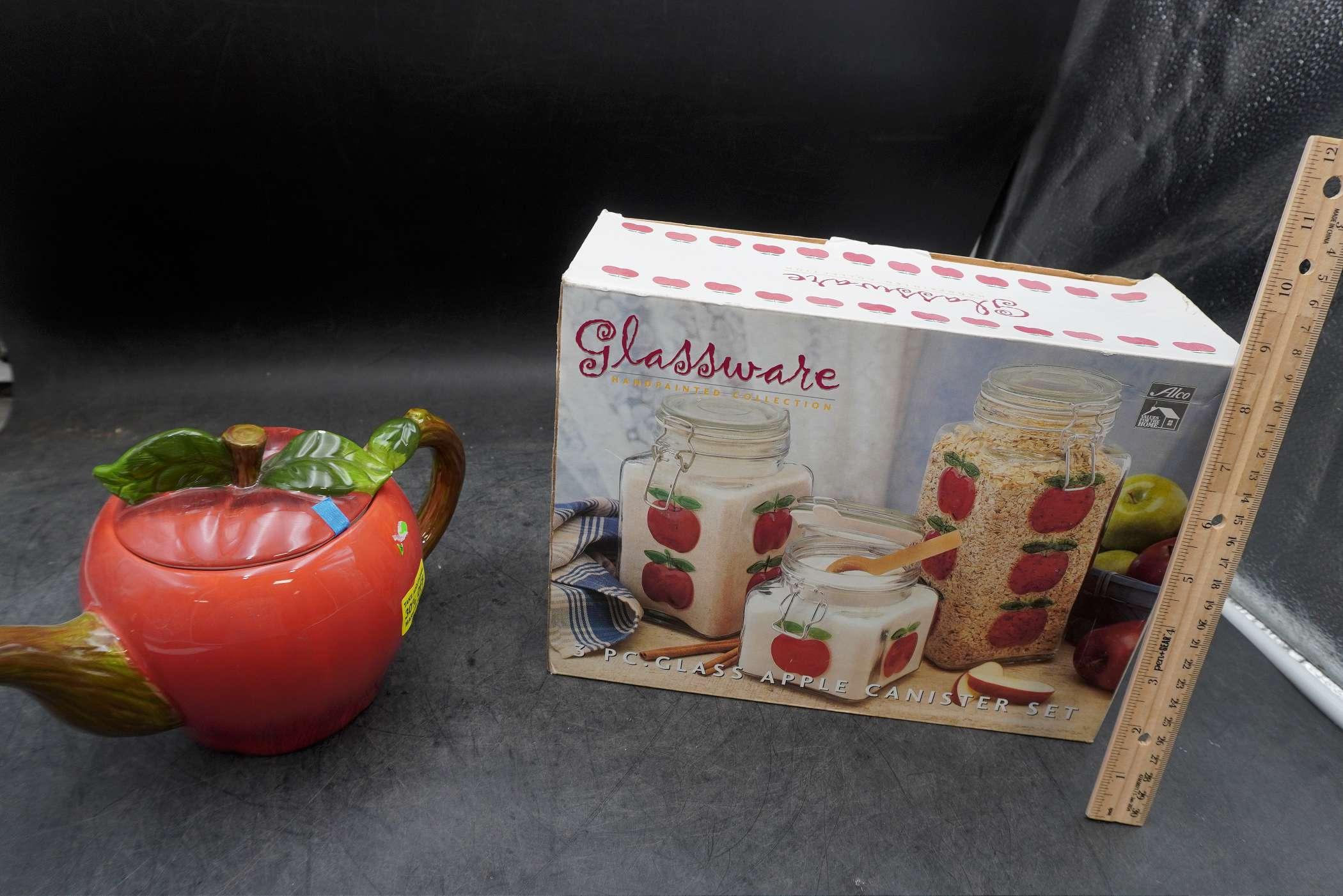 Apple Teapot & 3 Pc. Glass Apple Canister Set