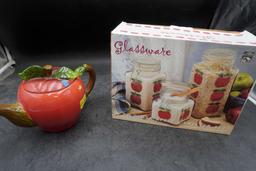 Apple Teapot & 3 Pc. Glass Apple Canister Set