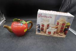 Apple Teapot & 3 Pc. Glass Apple Canister Set