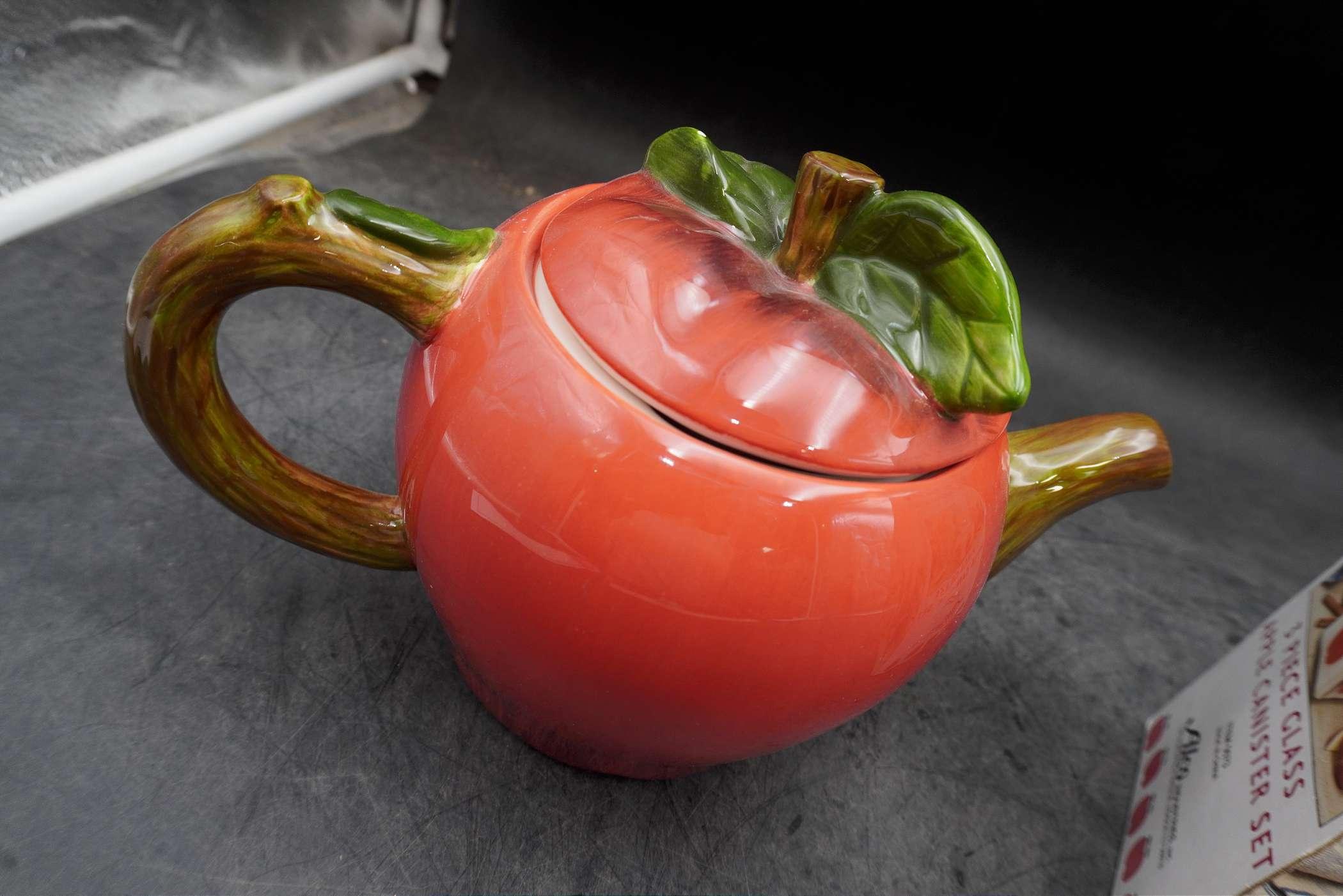Apple Teapot & 3 Pc. Glass Apple Canister Set
