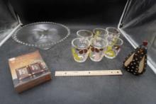 Glass Bowl, Flower Candle Holders, Chicken Figurine & Antique Finish Photo Frame