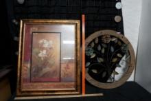 Framed Floral Picture & Wooden Round Frame W/ Metal Flower Decor