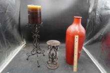 2 Candle Holders, 1 Candle & Red Vase