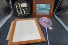 Round Wooden S.D. Home, Framed Duck Picture, Framed The Bald Eagle Write Up & Butterfly Net