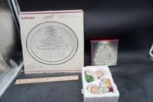 13" Duralex Christmas Platter, Christmas Tree Plate, Boy & Girl Christmas Figurines