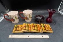 Pier 1 Mugs, Small Glass Basket, Coaster & Ruffle Vase