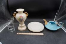 Fire-King Plates, Blue & Gold Teapot, Decorative Floral Vase & Super Bowl Glass