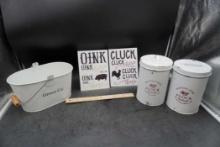 2 Flour Canisters, Grove Co. Bucket, "Oink" & "Cluck" Art Pictures