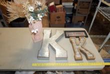 2 "K" Monograms, Family Sign & Pink Vase W/ Flowers