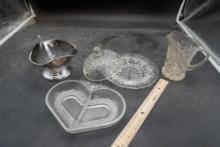 Glass Candy Dish, Heart Divided Dish, Glass Pitcher & Stainless Bowl