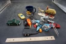 Toy Vehicles, Motorcycle W/ Parts, Mug, Cart & Horse