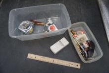 Plastic Containers (2) W/ Tape Measures, Tape Measure, Sunglasses, Tire Tool
