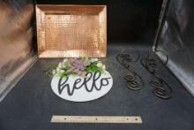 Copper Tray, Round Hello Sign & 2 Metal Wall Decor Pieces