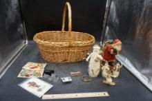 Basket W/ Snowman Ornaments, Santa Figurine, Earrings, Watch & Christmas Pictures