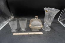 Glasses, Glass Candy Dish & Block Crystal Vase
