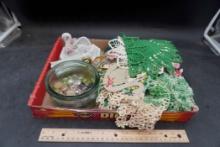 Doilies, Glass Container & Figurines