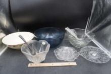 Glass Bowls, Cake Stand, Spoons (Some Silverplated)