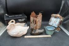 Terra Cotta Figurine, Duck, Buckets, Bird House, Metal House Basket