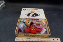 King Edward Cigar Box W/ Assorted Toys & Beaded Necklace