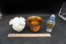 White Ruffle Vase, Copper Pot & Shaker