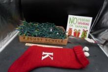 Christmas Lights, "K" Monogram Stocking, Wreath Hanger & No Peeking Sign
