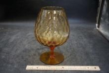 Vintage Diamond Optic Amber Empoli Glass Brandy Snifter W/ Swirl Stem