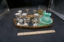 Mirrored Tray, Candlesticks, Pitcher Bowl