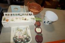 Basket, Bucket, Wooden Shelf, Apple Welcome Sign