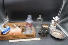 Piggy Bank, Glass Bottles, Creamer, Bowl, Figurines, Napkin Rings