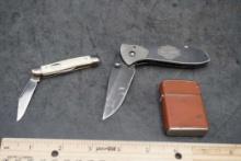 2 Pocket Knives (One Is Harley-Davidson) & Champ Lighter