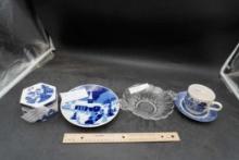 Royal Doulton Trinket Box, '68 Christmas Plate, New Martinsville Dish, Cup & Saucer