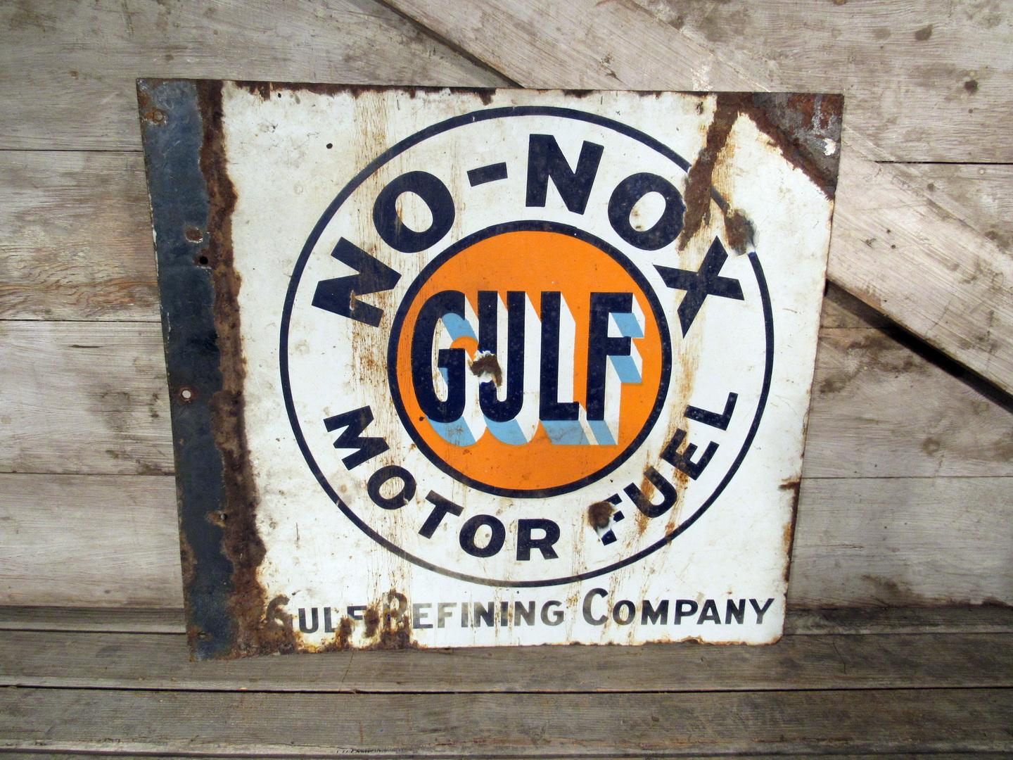 Vintage Gulf No Nox Motor Fuel DS Porcelain Flange Sign