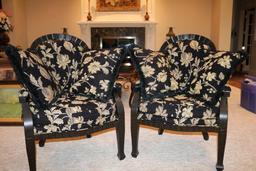 Black chairs with yellow flowers and matching pillows (1 armrest broken)