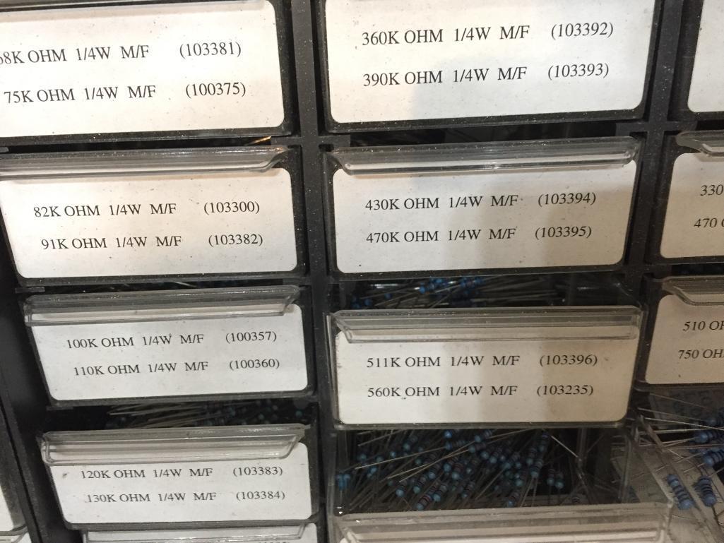 Organizer Cabinets with Mixed Electronic Components Resistors Capacitors Switches Terminals