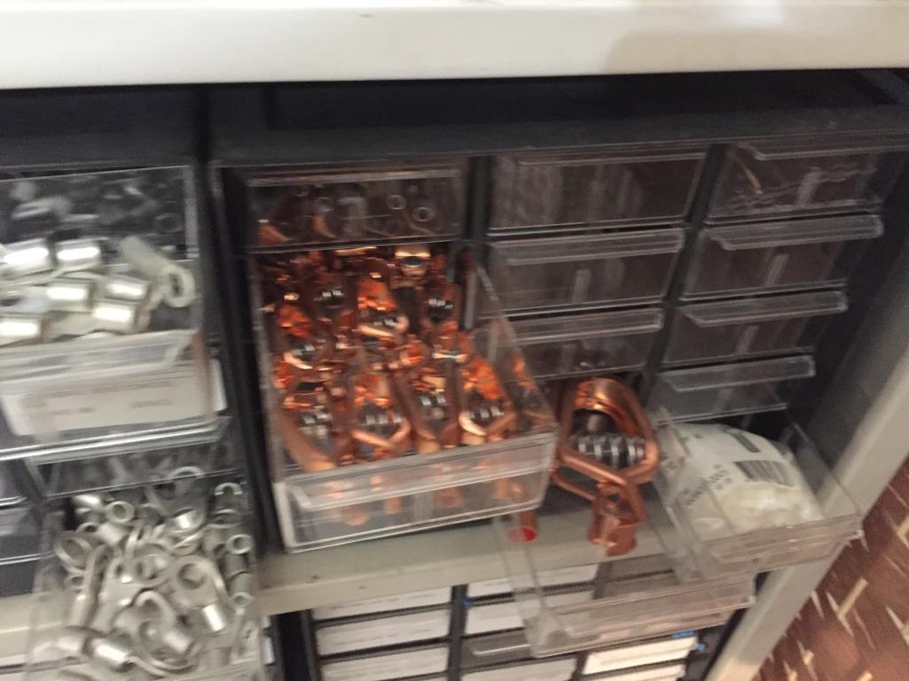 Organizer Cabinets with Mixed Electronic Components Resistors Capacitors Switches Terminals