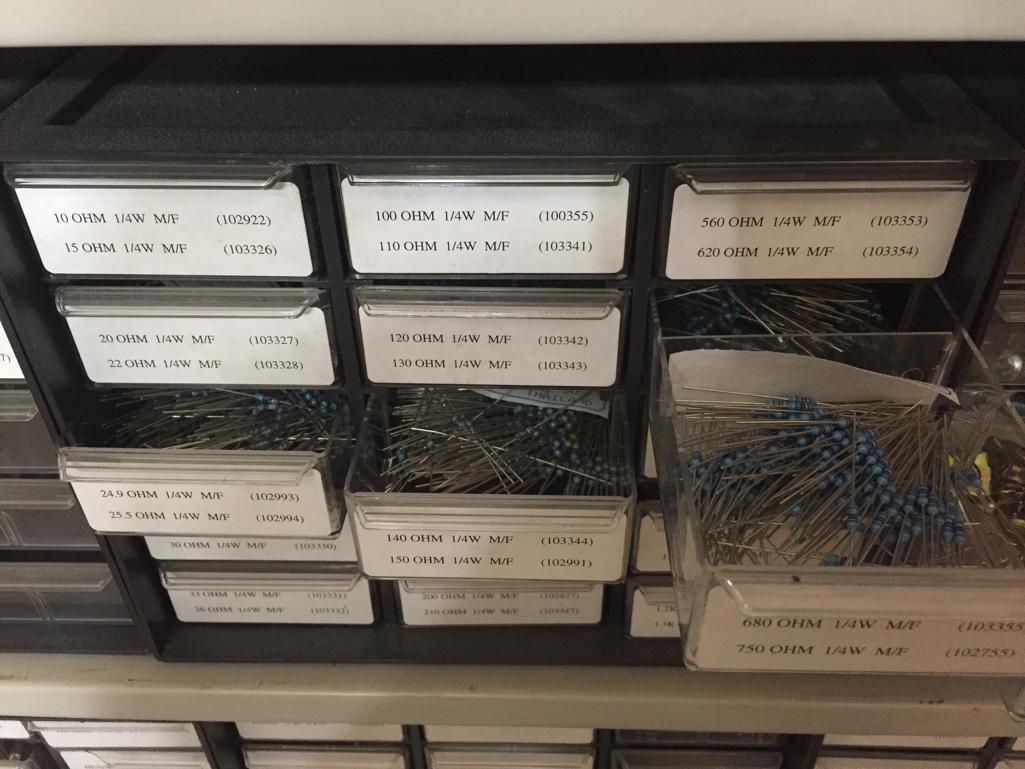 Organizer Cabinets with Mixed Electronic Components Resistors Capacitors Switches Terminals