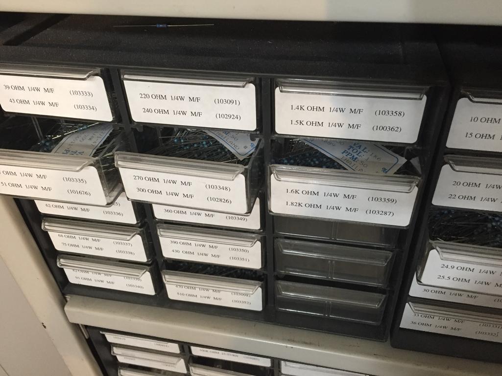 Organizer Cabinets with Mixed Electronic Components Resistors Capacitors Switches Terminals