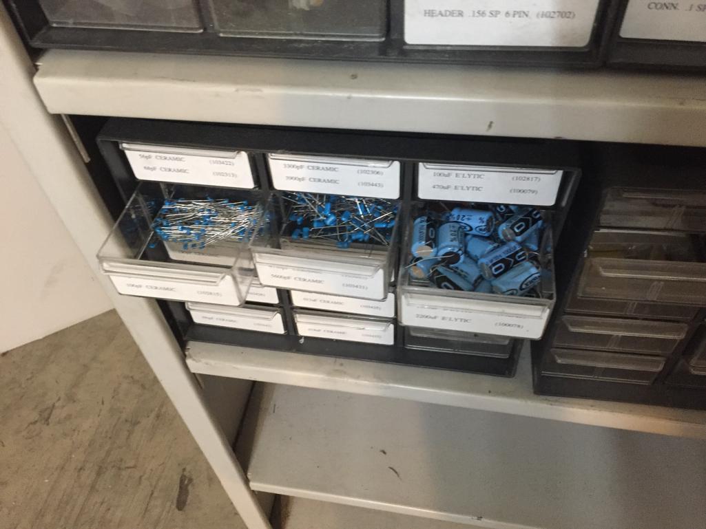 Organizer Cabinets with Mixed Electronic Components Resistors Capacitors Switches Terminals