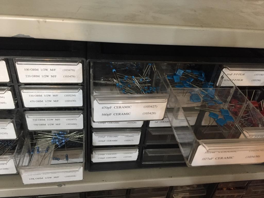 Organizer Cabinets with Mixed Electronic Components Resistors Capacitors Switches Terminals