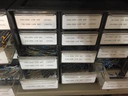 Organizer Cabinets with Mixed Electronic Components Resistors Capacitors Switches Terminals