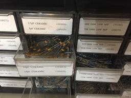 Organizer Cabinets with Mixed Electronic Components Resistors Capacitors Switches Terminals