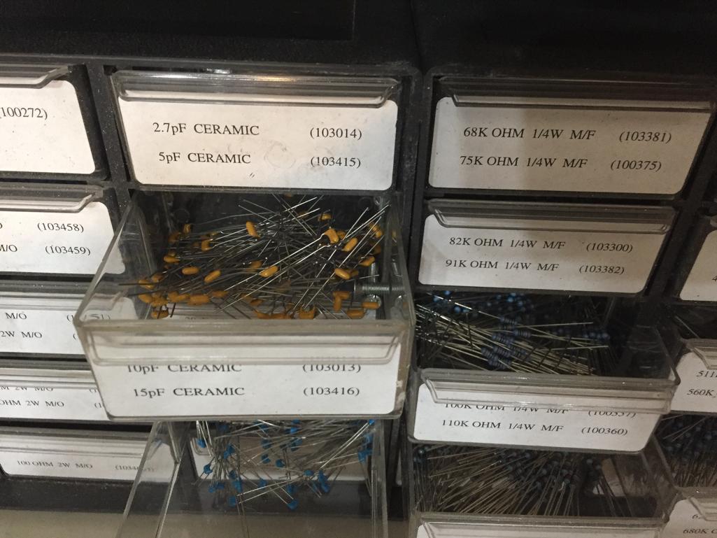 Organizer Cabinets with Mixed Electronic Components Resistors Capacitors Switches Terminals