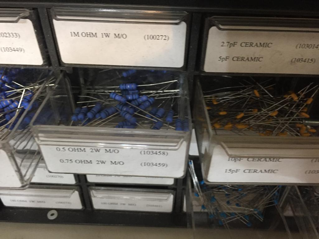 Organizer Cabinets with Mixed Electronic Components Resistors Capacitors Switches Terminals